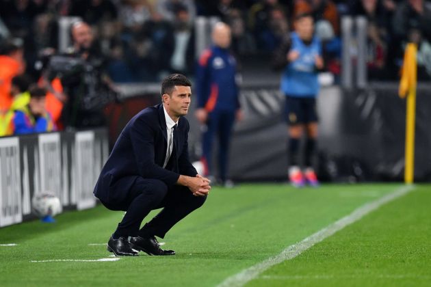 TURIN, ITALY - OCTOBER 19: Thiago Motta, Head Coach of Juventus, watches on from the technical area during the Serie A match between Juventus and SS Lazio at on October 19, 2024 in Turin, Italy. (Photo by Valerio Pennicino/Getty Images)