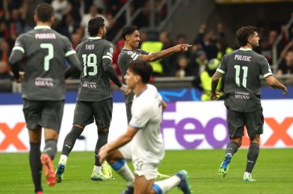 MILAN, ITALY - OCTOBER 22: Tijjani Reijnders of AC Milan celebrates his goal with his team-mates during the UEFA Champions League 2024/25 League Phase MD3 match between AC Milan and Club Brugge KV at Stadio San Siro on October 22, 2024 in Milan, Italy. (Photo by Marco Luzzani/Getty Images)