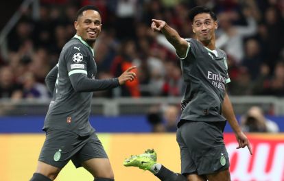 MILAN, ITALY - OCTOBER 22: Tijjani Reijnders (R) of AC Milan celebrates his second goal with his team-mate Noah Okafor during the UEFA Champions League 2024/25 League Phase MD3 match between AC Milan and Club Brugge KV at Stadio San Siro on October 22, 2024 in Milan, Italy. (Photo by Marco Luzzani/Getty Images)