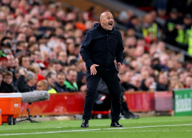 LIVERPOOL, ENGLAND - OCTOBER 02: Vincenzo Italiano, Head Coach of Bologna, reacts during the UEFA Champions League 2024/25 League Phase MD2 match between Liverpool FC and Bologna FC 1909 at Anfield on October 02, 2024 in Liverpool, England. (Photo by Carl Recine/Getty Images)