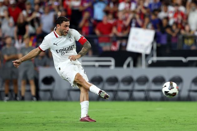 BALTIMORE, MARYLAND - AUGUST 06: Davide Calabria to AC Milan takes a penalty kick and scores in a penalty shootout during a Pre-Season Friendly match between FC Barcelona and AC Milan at M&T Bank Stadium on August 06, 2024 in Baltimore, Maryland. (Photo by Scott Taetsch/Getty Images)