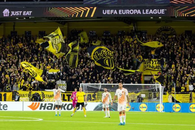 BORAS, SWEDEN - OCTOBER 3: IF Elfsborg supporters during the UEFA Europa League 2024/25 League Phase MD2 match between IF Elfsborg and AS Roma at Boras Arena on October 3, 2024 in Boras, Sweden. (Photo by Michael Campanella/Getty Images)