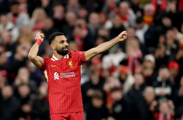 LIVERPOOL, ENGLAND - OCTOBER 02: Liverpool's Mohamed Salah during the UEFA Champions League 2024/25 League Phase MD2 match between Liverpool FC and Bologna FC 1909 at Anfield on October 02, 2024 in Liverpool, England. (Photo by Carl Recine/Getty Images)