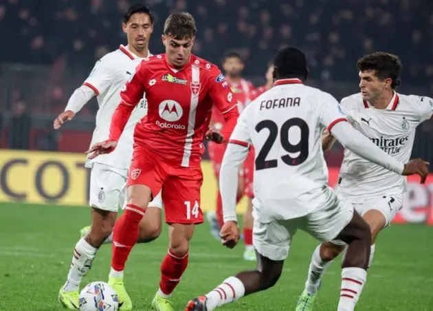 AC Monza's forward Daniel Maldini in action against AC Milan's mildfielder Youssouf Fofana during the Italian Serie A soccer match between AC Monza and AC Milan at U-Power Stadium in Monza, Italy, 02 November 2024. EPA-EFE/ROBERTO BREGANI