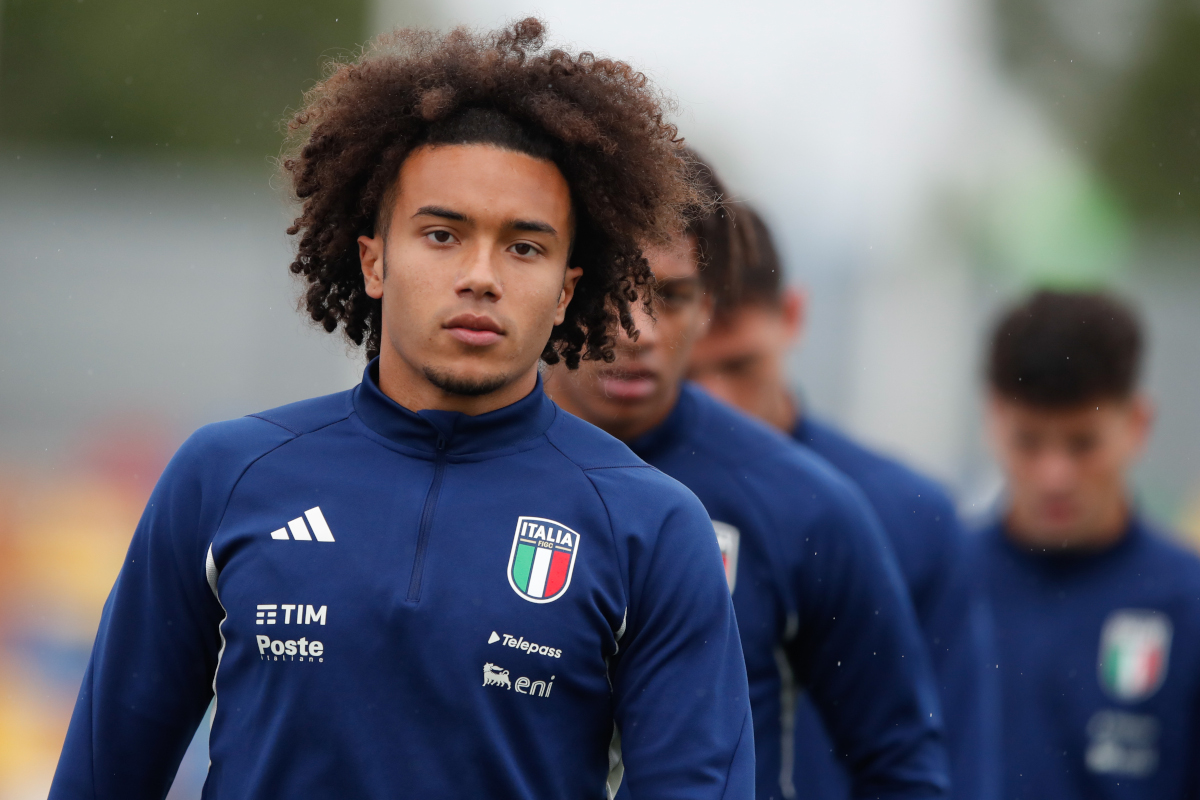 LIGNANO SABBIADORO, ITALY - MARCH 26: Aaron Ciammaglichella of Italy during the warm up prior to the UEFA EURO 2024 Elite Round Qualifier between Italy U19 and Georgia U19 at Stadio Guido Teghil on March 26, 2024 in Lignano Sabbiadoro, Italy.  (Photo by Timothy Rogers/Getty Images)