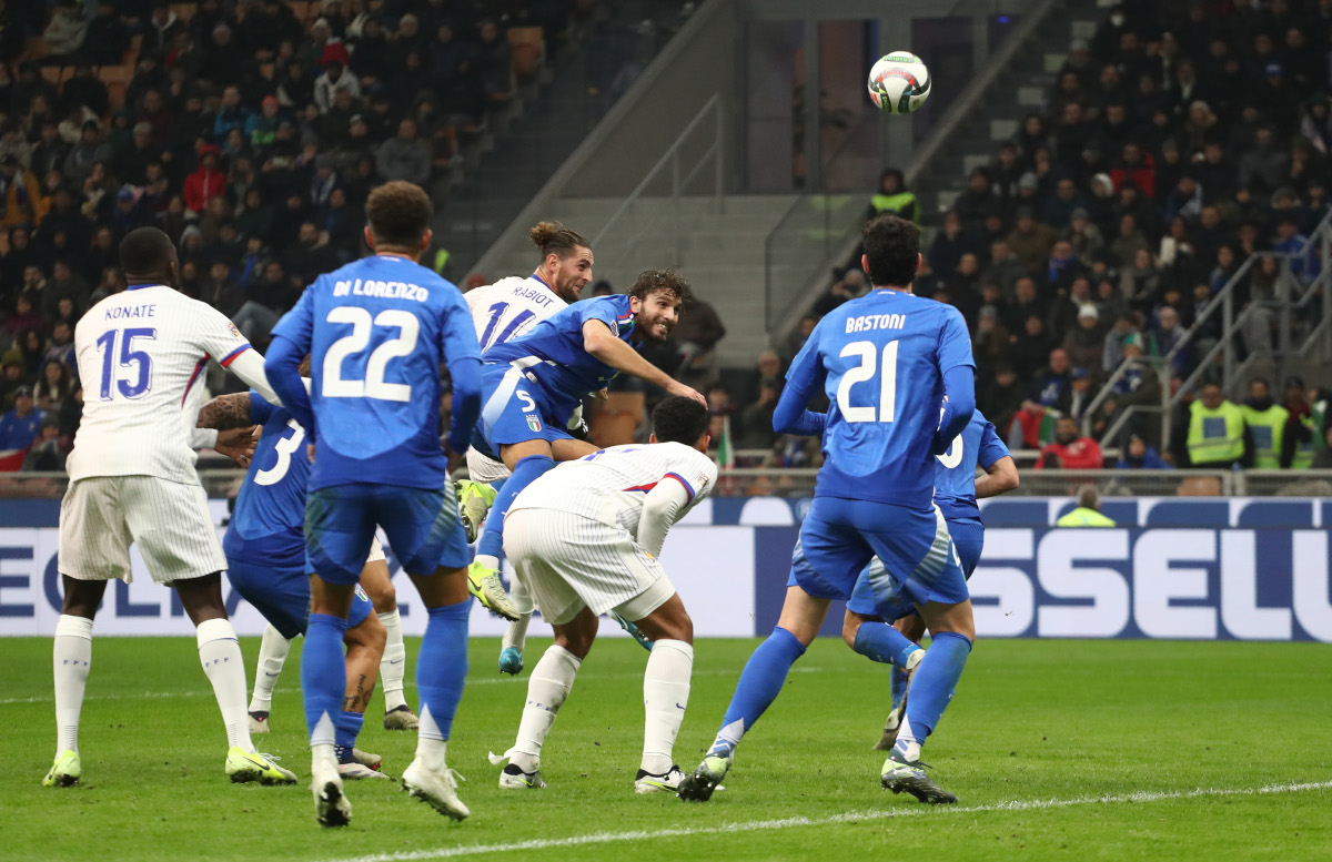 MILAN, ITALY - NOVEMBER 17: Adrien Rabiot of France scores his team's third goal during the UEFA Nations League 2024/25 League A Group A2 match between Italy and France at San Siro on November 17, 2024 in Milan, Italy. (Photo by Marco Luzzani/Getty Images)