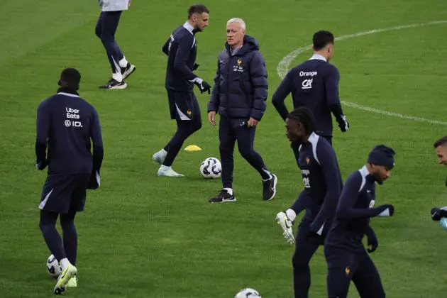 epa11718929 French head coach Didier Deschamps and team players take part at a training session at the Stade de France stadium in Saint Denis, north of Paris, France, 13 November 2024. France will play against Israel in their UEFA Nations League qualifying match on 14 November. EPA-EFE/CHRISTOPHE PETIT TESSON