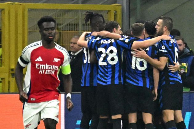 epa11706125 Inter Milan’s players celebrate the 1-0 goal during the UEFA Champions League soccer match between Inter and Arsenal FC at Giuseppe Meazza stadium in Milan, Italy, 06 November 2024. EPA-EFE/NICOLA MARFISI