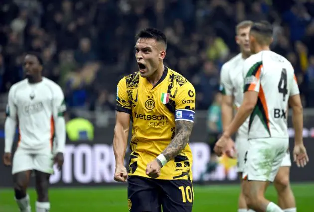 epa11699924 Inter Milans Lautaro Martinez celebrates after scoring the 1-0 goal during the Italian Serie A soccer match between Inter Milan and Venezia FC at Giuseppe Meazza stadium in Milan, Italy, 03 November 2024. EPA-EFE/NICOLA MARFISI