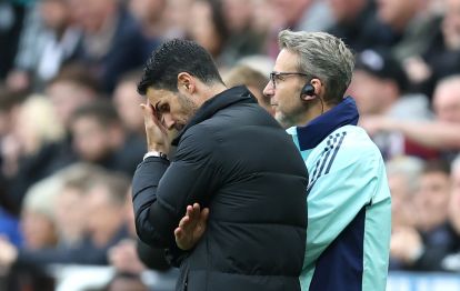 NEWCASTLE UPON TYNE, ENGLAND - NOVEMBER 02: Mikel Arteta, Manager of Arsenal, reacts during the Premier League match between Newcastle United FC and Arsenal FC at St James' Park on November 02, 2024 in Newcastle upon Tyne, England. (Photo by George Wood/Getty Images)