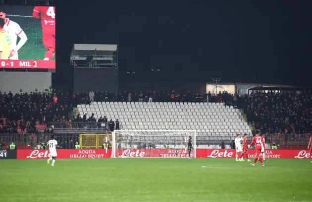 MONZA, ITALY - NOVEMBER 02: A view of the stands after AC Milan fans left the Serie A match between AC Monza and AC Milan at U-Power Stadium on November 02, 2024 in Monza, Italy. (Photo by Marco Luzzani/Getty Images)