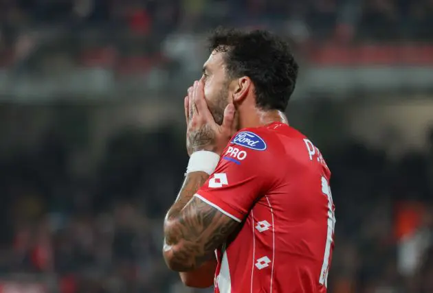 epa11698022 AC Monza's defender Pedro Pereira looks dejected during the Italian Serie A soccer match between AC Monza and AC Milan at U-Power Stadium in Monza, Italy, 02 November 2024. EPA-EFE/ROBERTO BREGANI