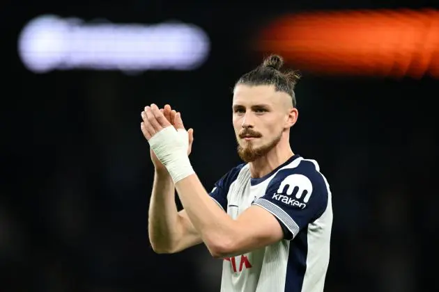 LONDON, ENGLAND - OCTOBER 24: Radu Dragusin of Tottenham Hotspur applauds the fans after the team's victory in the UEFA Europa League 2024/25 League Phase MD3 match between Tottenham Hotspur and AZ at Tottenham Hotspur Stadium on October 24, 2024 in London, England. (Photo by Justin Setterfield/Getty Images)