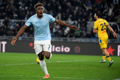 ROME, ITALY - DECEMBER 28: Fisayo Dele-Bashiru of SS Lazio celebrates a opening goal during the Serie match between Lazio and Atalanta at Stadio Olimpico on December 28, 2024 in Rome, Italy. (Photo by Marco Rosi - SS Lazio/Getty Images)