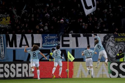 LECCE, ITALY - DECEMBER 22: Adam Marusic of SS Lazio vcelebratres a second goal during the Serie match between Lecce and Lazio at Stadio Via del Mare on December 22, 2024 in Lecce, Italy. (Photo by Marco Rosi - SS Lazio/Getty Images)