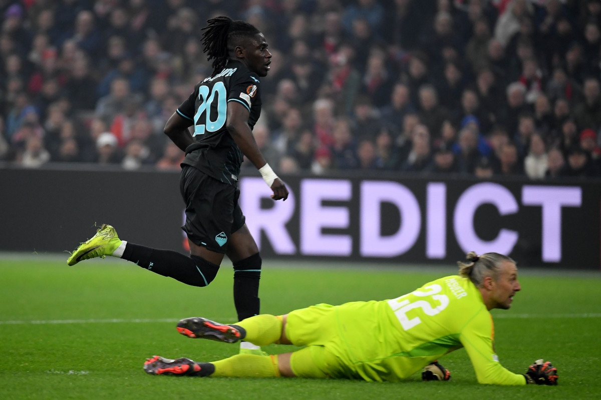 AMSTERDAM, NETHERLANDS - DECEMBER 12: Loum Tchaouna of SS Lazio celebrates a opening goal during the UEFA Europa League 2024/25 League Phase MD6 match between AFC Ajax and S.S. Lazio at Johan Cruijff Arena on December 12, 2024 in Amsterdam, Netherlands. (Photo by Marco Rosi - SS Lazio/Getty Images)