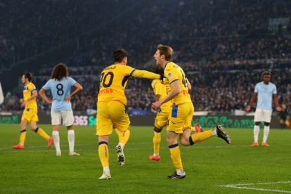 ROME, ITALY - DECEMBER 28: Marco Brescianini of Atalanta celebrates after scoring the team's first goal during the Serie A match between SS Lazio and Atalanta at Stadio Olimpico on December 28, 2024 in Rome, Italy. (Photo by Paolo Bruno/Getty Images)