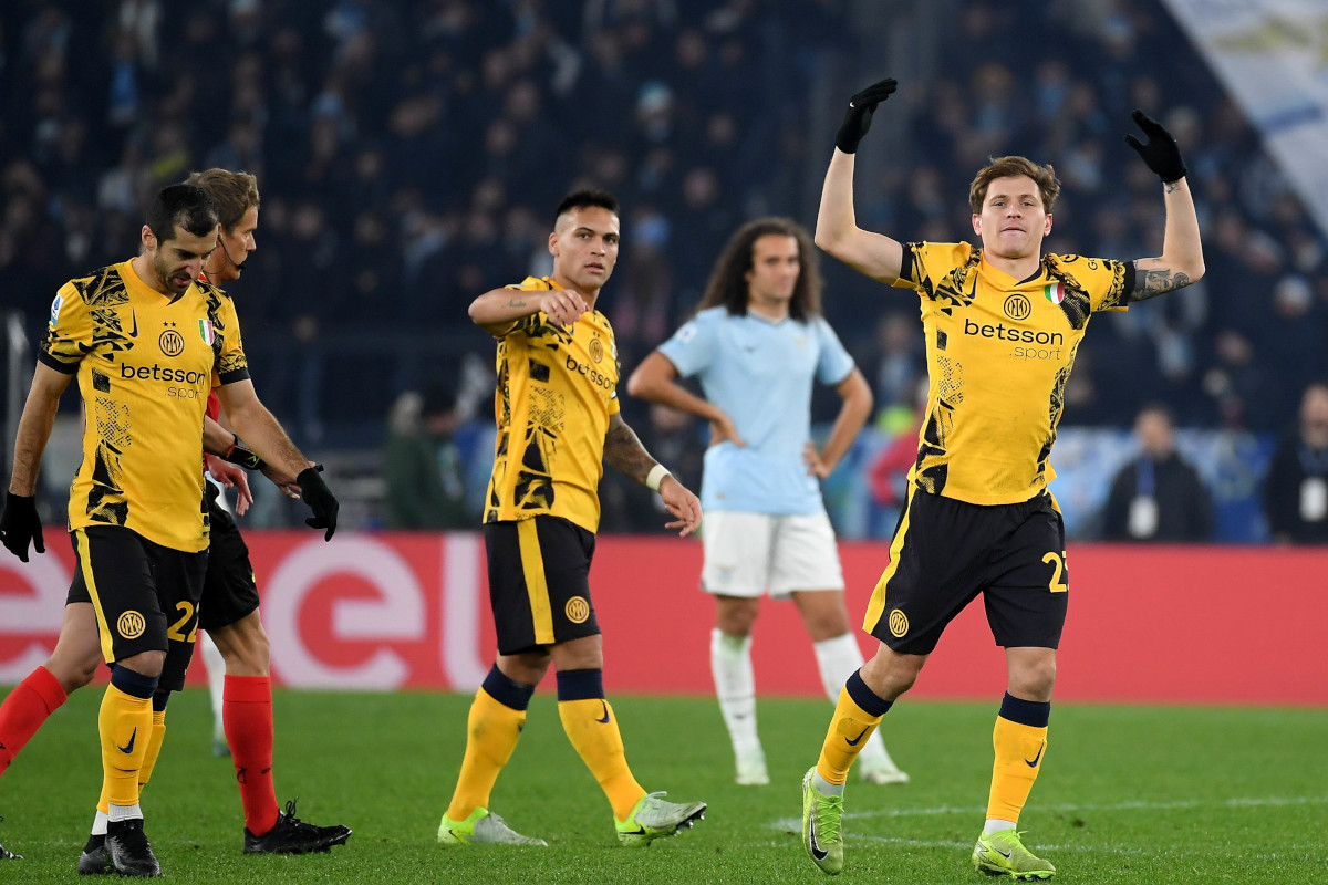 ROME, ITALY - DECEMBER 16: Nicolò Barella of Inter celebrates a third goal during the Serie match between Lazio and Inter at Stadio Olimpico on December 16, 2024 in Rome, Italy. (Photo by Marco Rosi - SS Lazio/Getty Images)