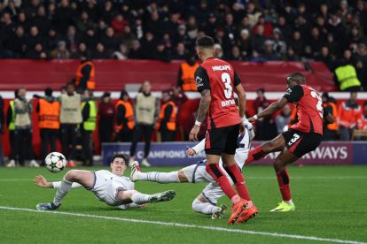 LEVERKUSEN, GERMANY - DECEMBER 10: Nordi Mukiele of Bayer 04 Leverkusen scores his team's first goal during the UEFA Champions League 2024/25 League Phase MD6 match between Bayer 04 Leverkusen and FC Internazionale Milano at BayArena on December 10, 2024 in Leverkusen, Germany. (Photo by Lars Baron/Getty Images)