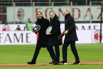 MILAN, ITALY - DECEMBER 15: Filippo Inzaghi, Franco Baresi and Marco van Basten with their commemorative plate after being inducted in to the AC Milan Hall of Fame prior to the Serie A match between AC Milan and Genoa at Stadio Giuseppe Meazza on December 15, 2024 in Milan, Italy. (Photo by Marco Luzzani/Getty Images)