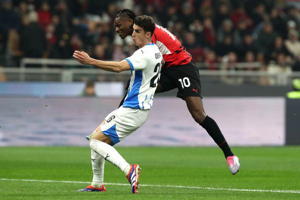 MILAN, ITALY – DECEMBER 3: Rafael Leao of AC Milan scores his team's fourth goal during the Coppa Italia match between AC Milan and Sassuolo at Stadio Giuseppe Meazza on December 3, 2024 in Milan, Italy. (Photo by Marco Luzzani/Getty Images)