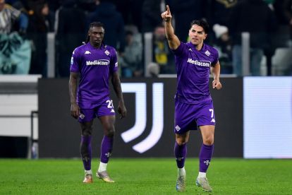 TURIN, ITALY - DECEMBER 29: Riccardo Sottil of Fiorentina celebrates scoring his team's second goal during the Serie A match between Juventus and Fiorentina at Allianz Stadium on December 29, 2024 in Turin, Italy. (Photo by Valerio Pennicino/Getty Images)