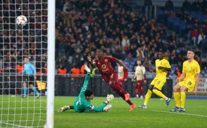 ROME, ITALY - DECEMBER 12: Saud Abdulhamid of AS Roma scores his team's second goal during the UEFA Europa League 2024/25 League Phase MD6 match between AS Roma and SC Braga at Stadio Olimpico on December 12, 2024 in Rome, Italy. (Photo by Paolo Bruno/Getty Images)
