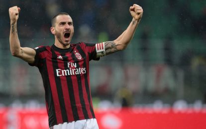 Leonardo Bonucci of AC Milan celebrates the victory at the end of the TIM Cup match between AC Milan and FC Internazionale at Stadio Giuseppe Meazza on December 27, 2017 in Milan, Italy.  (Photo by Emilio Andreoli/Getty Images)