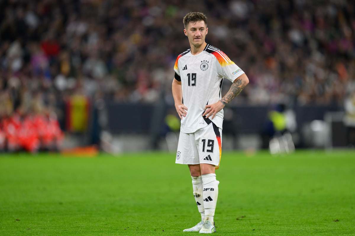 Angelo Stiller of Germany reacts during the UEFA Nations League 2024/25 League A Group A3 match between Germany and Netherlands at  on October 14, 2024 in Munich, Germany. (Photo by Christian Kaspar-Bartke/Getty Images for DFB)