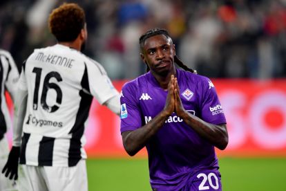 TURIN, ITALY - DECEMBER 29: Moise Kean of Fiorentina celebrates scoring his team's first goal during the Serie A match between Juventus and Fiorentina at Allianz Stadium on December 29, 2024 in Turin, Italy. (Photo by Valerio Pennicino/Getty Images)