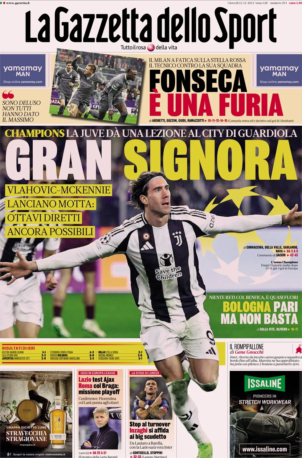 Today's newspapers: Juve 2-0 City