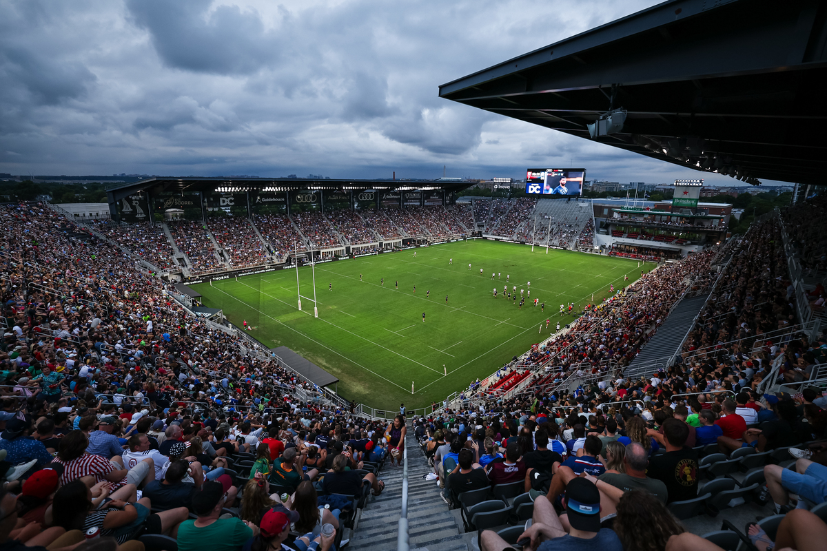 Une vue générale du jeu pendant la seconde moitié du match entre l'équipe des États-Unis et l'équipe d'Écosse à Audi Field le 12 juillet 2024 à Washington, DC. (Photo de Scott Taetsch/Getty Images pour le rugby écossais)