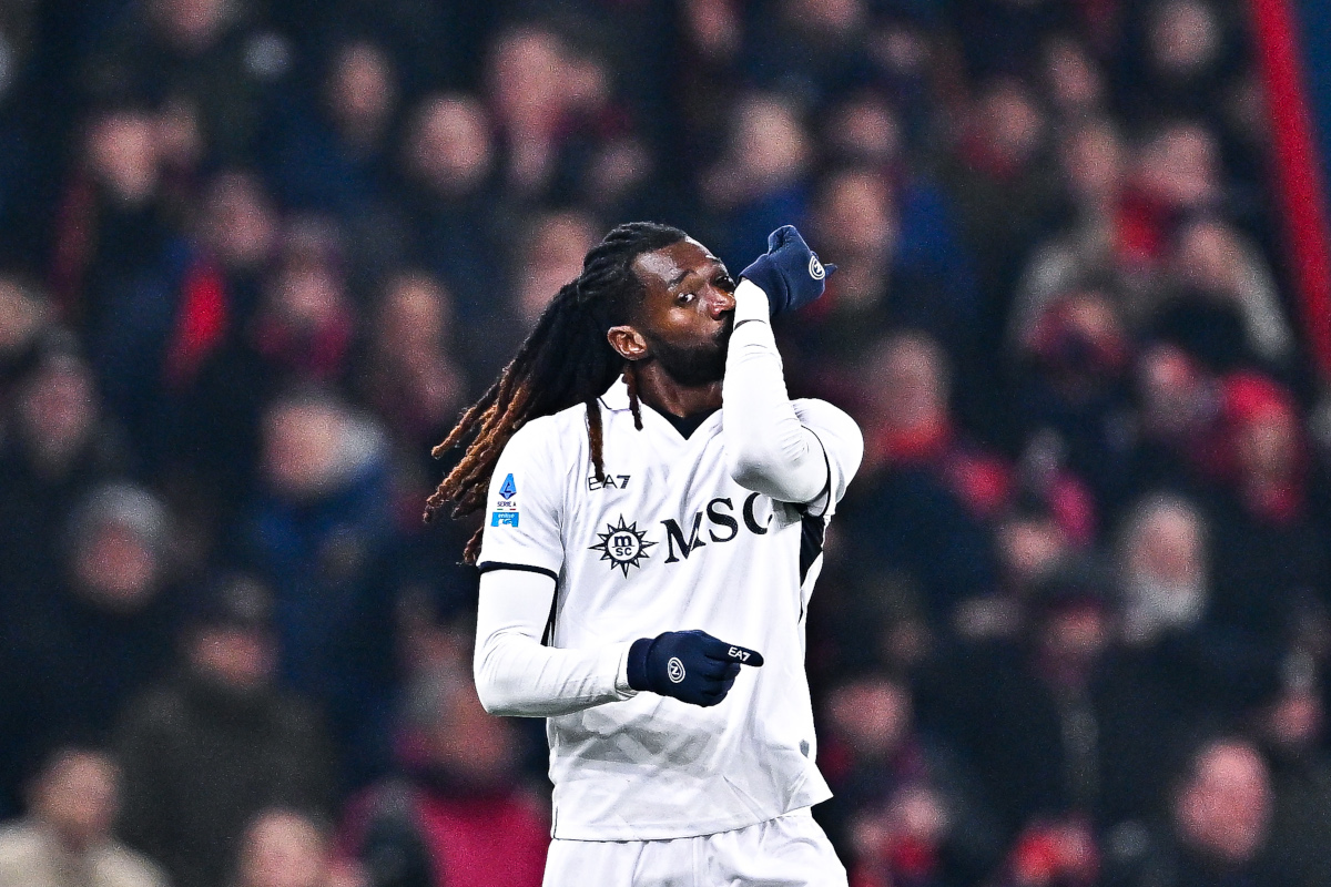 GENOA, ITALY - DECEMBER 21: Frank Anguissa of Napoli celebrates after scoring a goal during the Serie A match between Genoa and Napoli at Stadio Luigi Ferraris on December 21, 2024 in Genoa, Italy. (Photo by Simone Arveda/Getty Images)