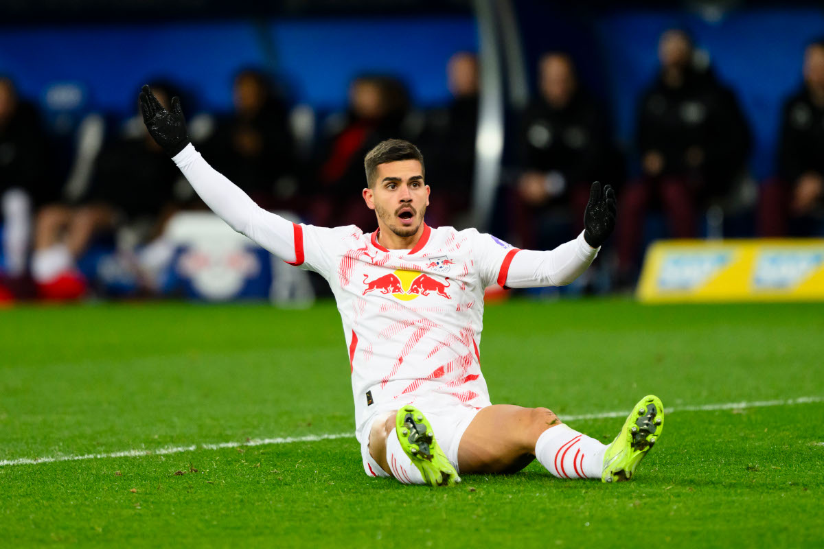 SINSHEIM, GERMANY - NOVEMBER 23: Andre Silva of Leipzig looks dejected during the Bundesliga match between TSG 1899 Hoffenheim and RB Leipzig at PreZero-Arena on November 23, 2024 in Sinsheim, Germany. (Photo by Helge Prang/Getty Images)