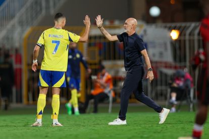 Cristiano Ronaldo of Al Nassr celebrates victory with his coach Stefano Pioli after winning the Saudi Pro League match between Al-Riyadh and Al-Nassr at Prince Faisal Bin Fahad on November 8, 2024 in Riyadh, Saudi Arabia. (Photo by Yasser Bakhsh/Getty Images)
