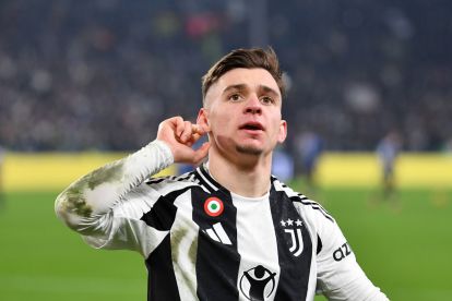 TURIN, ITALY - FEBRUARY 16: Francisco Conceicao of Juventus celebrates scoring his team's first goal during the Serie A match between Juventus and FC Internazionale at Allianz Stadium on February 16, 2025 in Turin, Italy. (Photo by Valerio Pennicino/Getty Images)