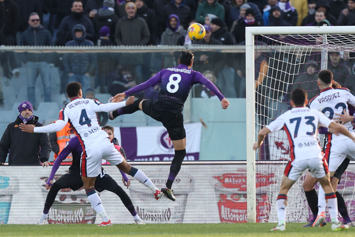 FLORENCE, ITALY - FEBRUARY 2: Koni De Winter of Genoa CFC scores a goal during the Serie A match between Fiorentina and Genoa at Stadio Artemio Franchi on February 2, 2025 in Florence, Italy. (Photo by Gabriele Maltinti/Getty Images)