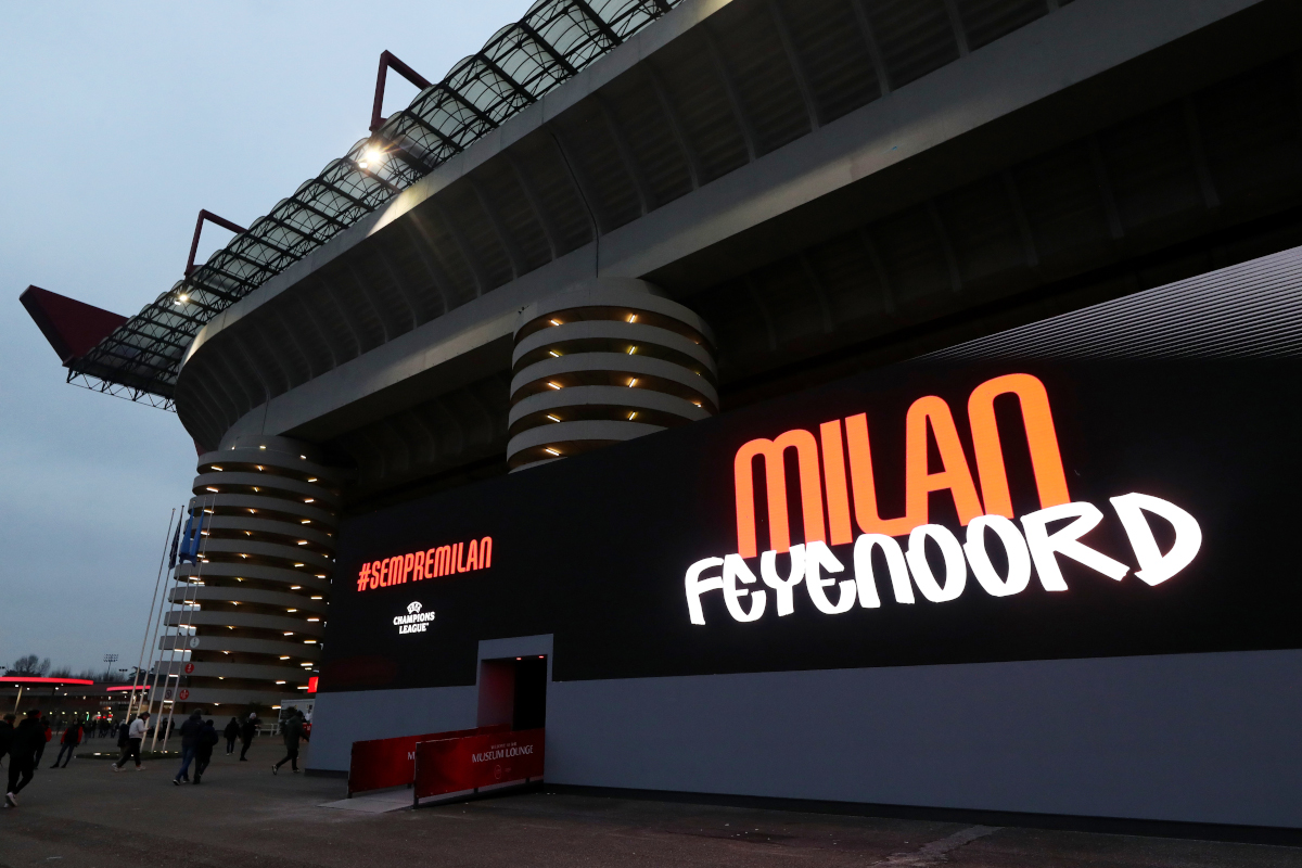 MILAN, ITALY - FEBRUARY 18: General view outside the stadium prior to the UEFA Champions League 2024/25 League Knockout Play-off second leg match between AC Milan and Feyenoord at on February 18, 2025 in Milan, Italy. (Photo by Marco Luzzani/Getty Images)
