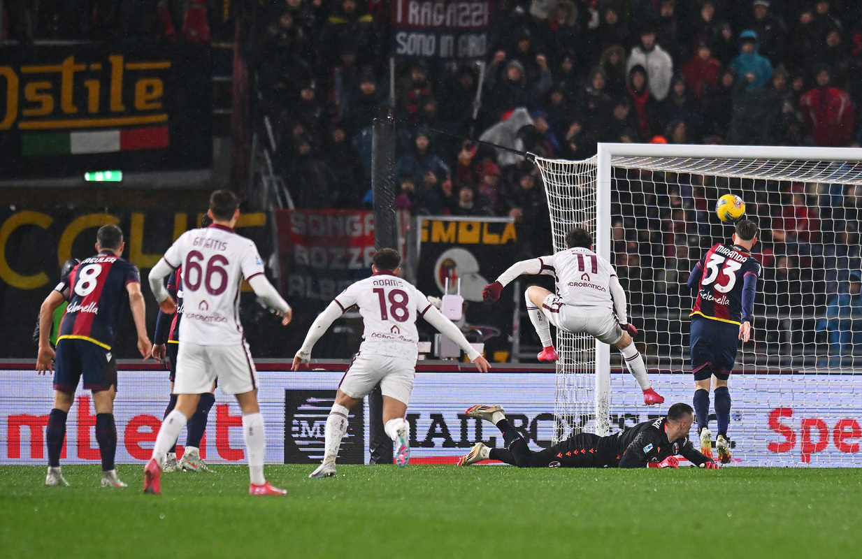 Eljif Elmas of Torino scores his team's second goal during the Serie A match between Bologna and Torino at Stadio Renato Dall'Ara on February 14, 2025 in Bologna, Italy. (Photo by Alessandro Sabattini/Getty Images)