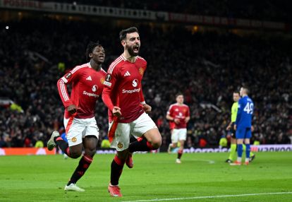 MANCHESTER, ENGLAND - JANUARY 23: Bruno Fernandes of Manchester United celebrates scoring his team's second goal during the UEFA Europa League 2024/25 League Phase MD7 match between Manchester United and Rangers FC at Old Trafford on January 23, 2025 in Manchester, England. (Photo by Shaun Botterill/Getty Images) (Serie A Europa League support)