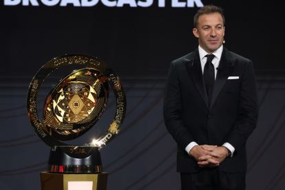 MIAMI, FLORIDA - DECEMBER 05: Alessandro Del Piero looks on alongside The FIFA Club World Cup Trophy during the 2025 FIFA Club World Cup Draw at Telemundo Studios on December 05, 2024 in Miami, Florida. (Photo by Brennan Asplen/Getty Images) (Inter and Juventus participating)