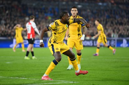 ROTTERDAM, NETHERLANDS - MARCH 05: Marcus Thuram of FC Internazionale celebrates scoring his team's first goal during the UEFA Champions League 2024/25 Round of 16 first leg match between Feyenoord and FC Internazionale Milano at De Kuip on March 05, 2025 in Rotterdam, Netherlands. (Photo by Justin Setterfield/Getty Images)