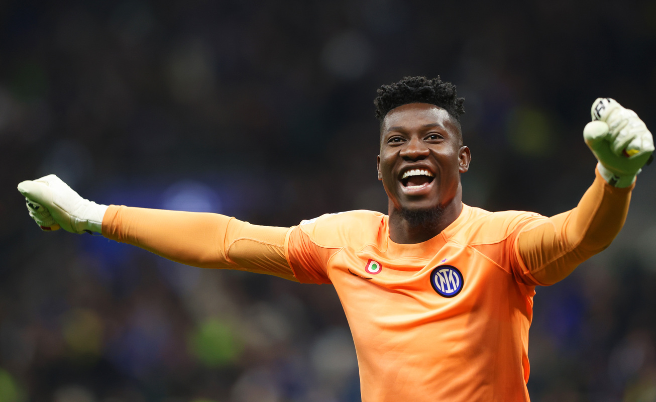 MILAN, ITALY - MAY 16: Andre Onana of FC Internazionale celebrates after Lautaro Martinez of FC Internazionale scores the team's first goal during the UEFA Champions League semi-final second leg match between FC Internazionale and AC Milan at Stadio Giuseppe Meazza on May 16, 2023 in Milan, Italy. (Photo by Alexander Hassenstein/Getty Images)
