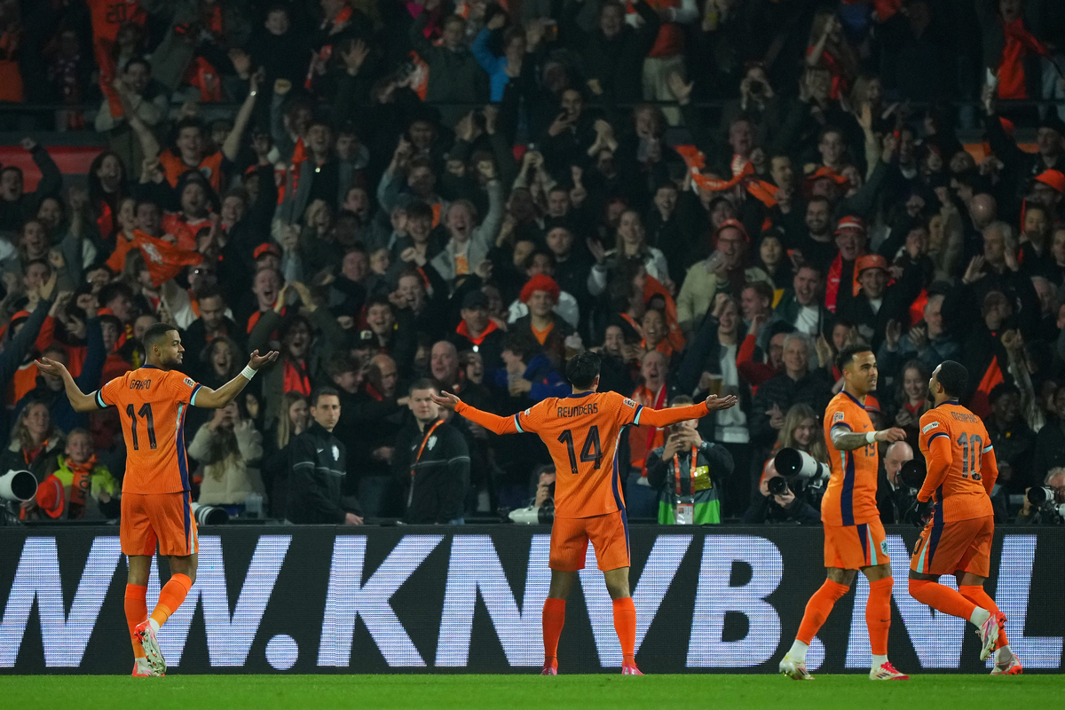 ROTTERDAM, NETHERLANDS - MARCH 20: Tijjani Reijnders of Netherlands celebrates scoring his team's second goal during the UEFA Nations League quarterfinal leg one match between Netherlands and Spain at De Kuip on March 20, 2025 in Rotterdam, Netherlands. (Photo by Alex Bierens de Haan/Getty Images)