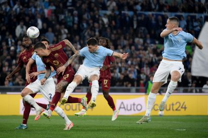 ROME, ITALY - APRIL 13: Alessio Romagnoli of SS Lazio scores a opening goal during the Serie A match between Lazio and Roma at Stadio Olimpico on April 13, 2025 in Rome, Italy. (Photo by Marco Rosi - SS Lazio/Getty Images)