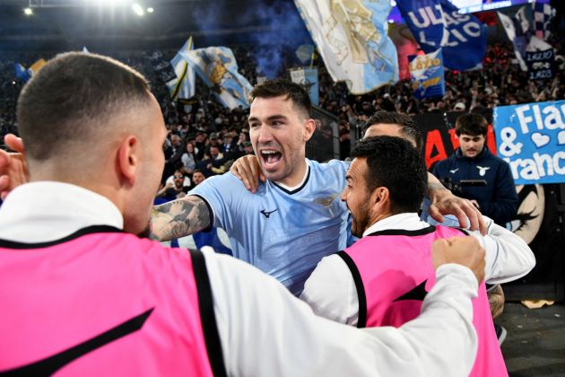 ROME, ITALY - APRIL 13: Alessio Romagnoli of SS Lazio celebrates a opening goal during the Serie A match between Lazio and Roma at Stadio Olimpico on April 13, 2025 in Rome, Italy. (Photo by Marco Rosi - SS Lazio/Getty Images)