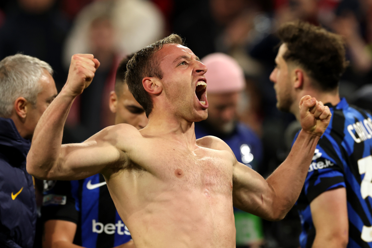 MUNCH, Germany - April 8: FC Internazionale's Davide Frattesi celebrates scoring his team's second goal on April 8, 2025 at the German Minic in the UEFA Champions League 2024/25 quarter at FC Internazionale Milano at FC Bayern München and FC Internazionale Milano. (Photo: Alexander Hassenstein/Getty Images)