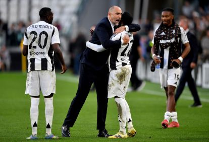 TURIN, ITALY - APRIL 27: Igor Tudor, Head Coach of Juventus, embraces Timothy Weah following 2-0 victory after the Serie A match between Juventus and Monza at Allianz Stadium on April 27, 2025 in Turin, Italy. (Photo by Valerio Pennicino/Getty Images)