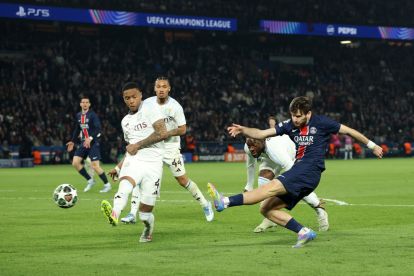 PARIS, FRANCE - APRIL 09: Khvicha Kvaratskhelia of Paris Saint-Germain scores his team's second goal during the UEFA Champions League 2024/25 Quarter Final First Leg match between Paris Saint-Germain and Aston Villa FC at Parc des Princes on April 09, 2025 in Paris, France. (Photo by Carl Recine/Getty Images)