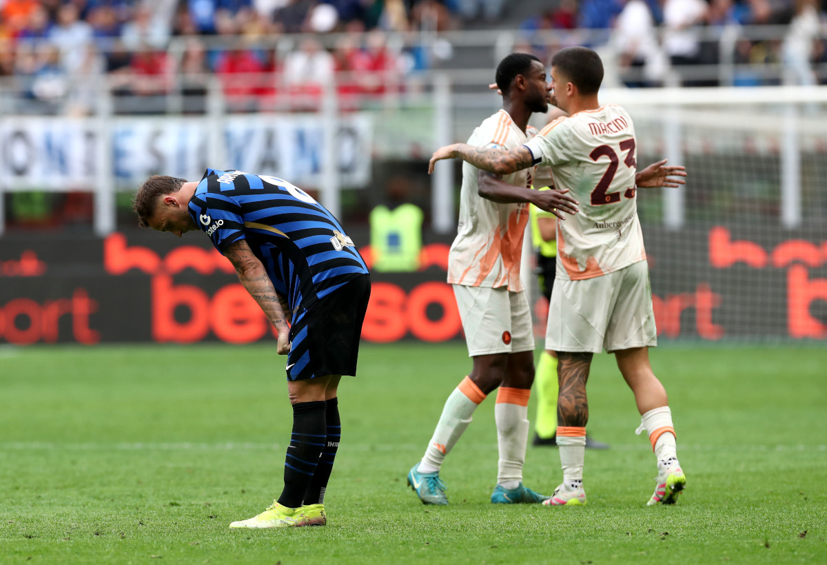 Marko Arnautovic of FC Internazionale looks dejected after the team's 1-0 defeat following the Serie A match between FC Internazionale and AS Roma at Stadio Giuseppe Meazza on April 27, 2025 in Milan, Italy. (Photo by Marco Luzzani/Getty Images)